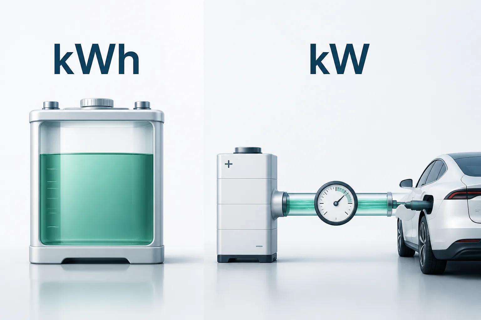 Editorial illustration comparing stored energy in kWh with charging power in kW.