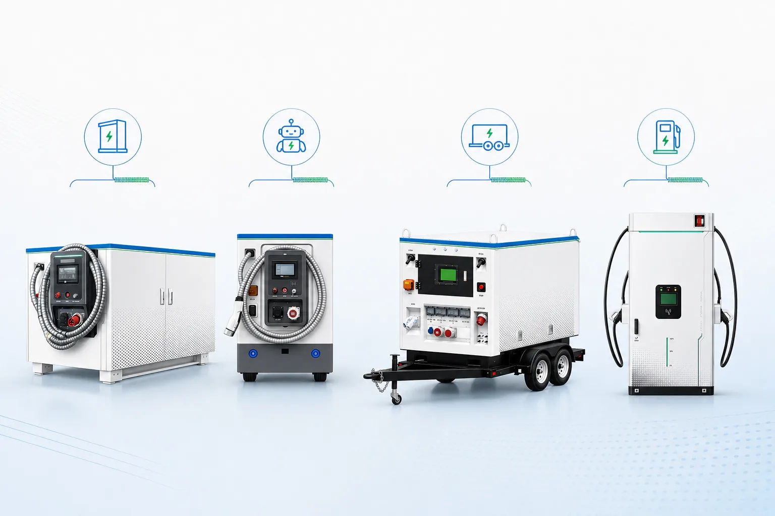 Editorial illustration of four TAICO charging deployment formats from mobile charging to stationary charging.