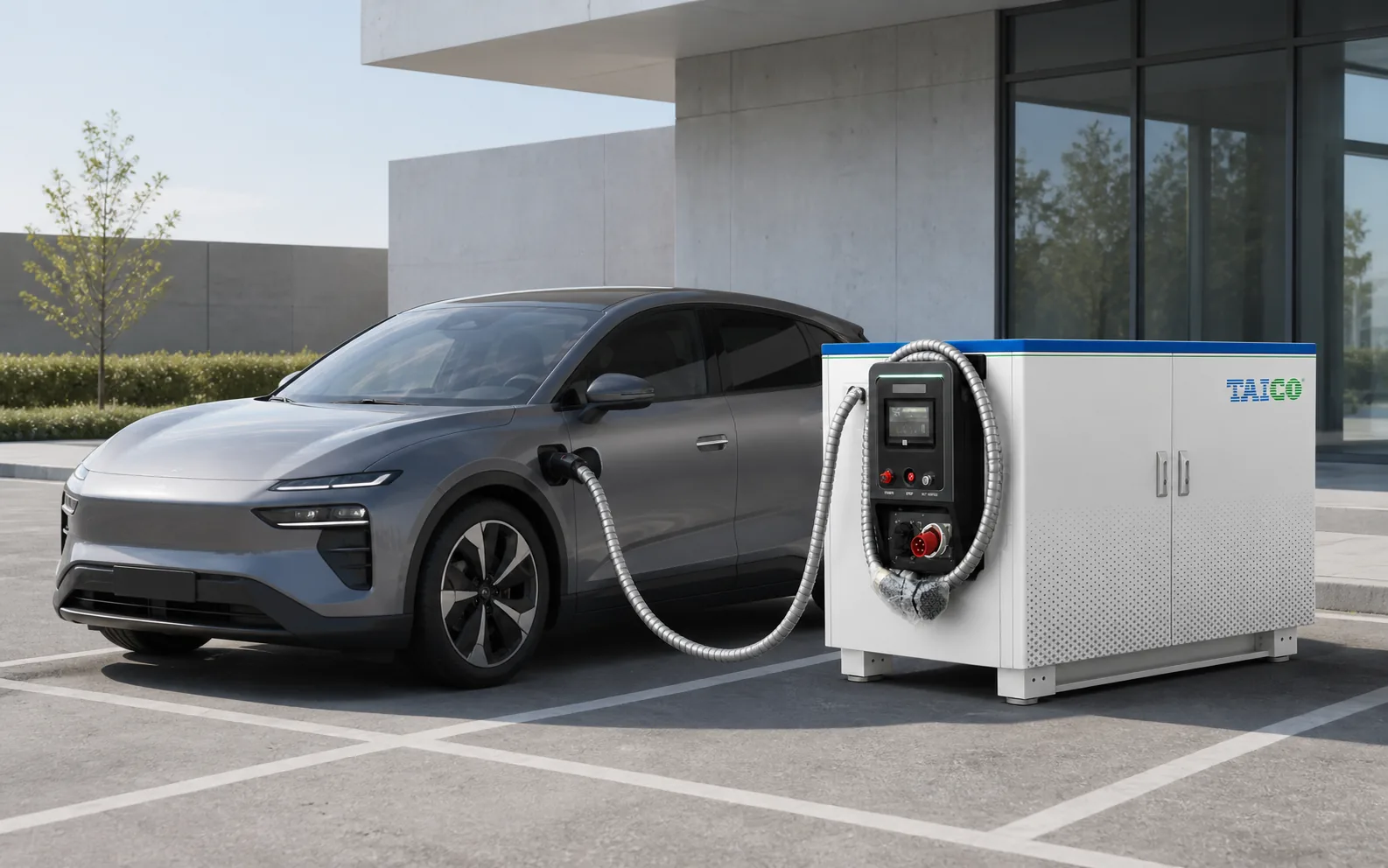 TAICO mobile energy storage charging system connected to an electric vehicle at a commercial site