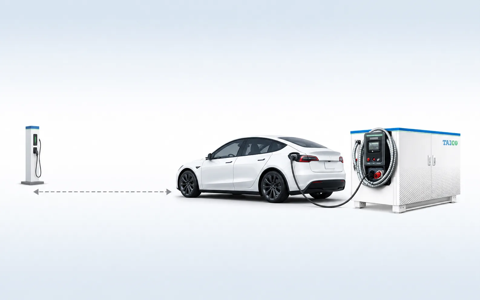 Diagram showing a mobile charger bringing charging capacity to an electric vehicle away from a fixed grid point