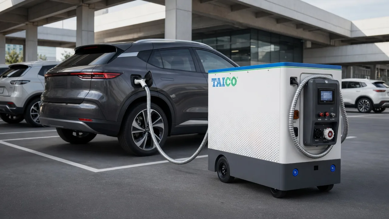TAICO TKMC-1000 charging robot connected to a parked electric vehicle