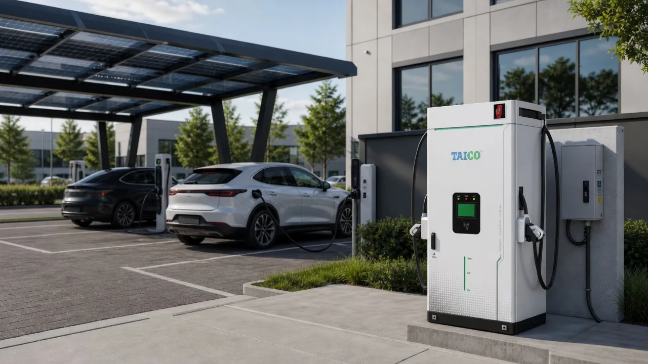 TAICO TKMC-2000 stationary energy storage charging system at a solar charging bay