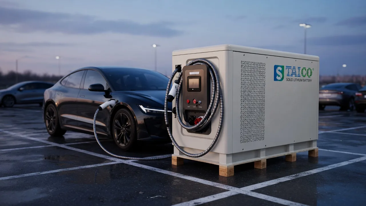 TAICO mobile energy storage charging system connected to an electric vehicle in a parking lot
