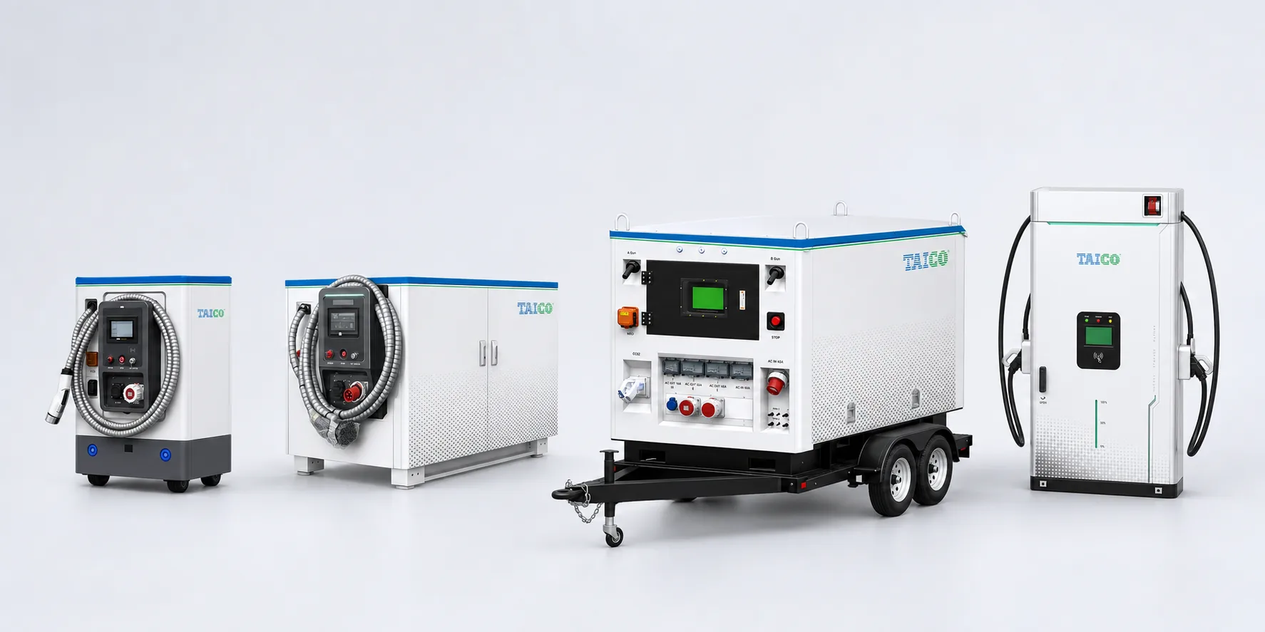 TAICO product range group showing mobile charging, charging robot, mobile power, and stationary charging formats