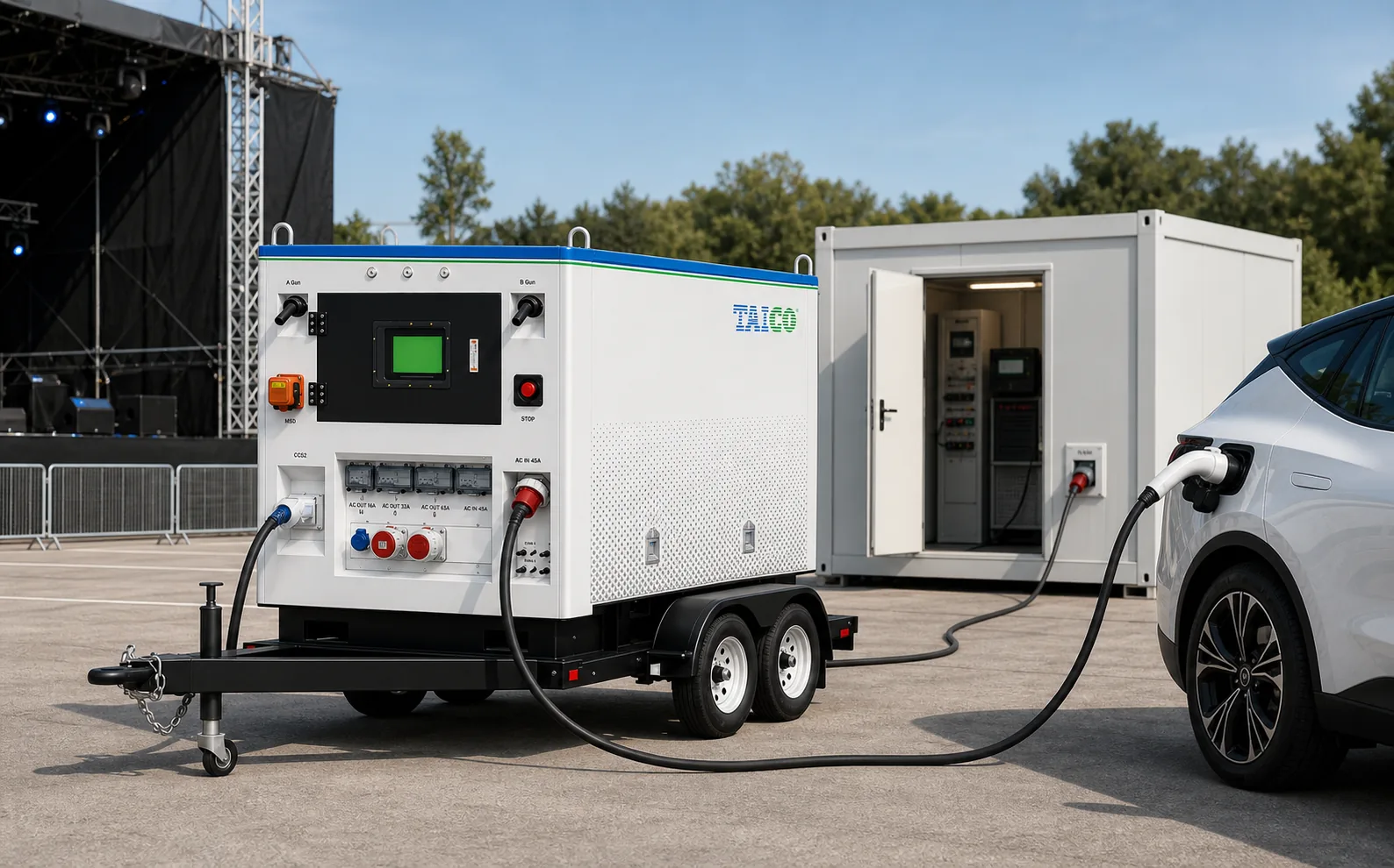 TAICO mobile energy storage system supplying temporary AC power and EV charging at an outdoor operations site