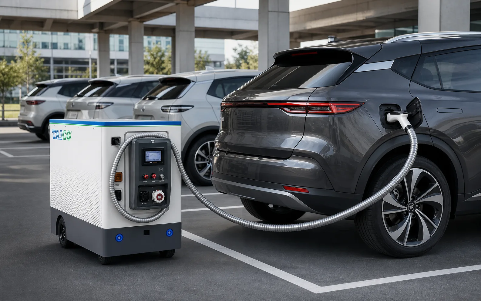 TAICO charging robot connected to a parked electric vehicle in a commercial parking facility