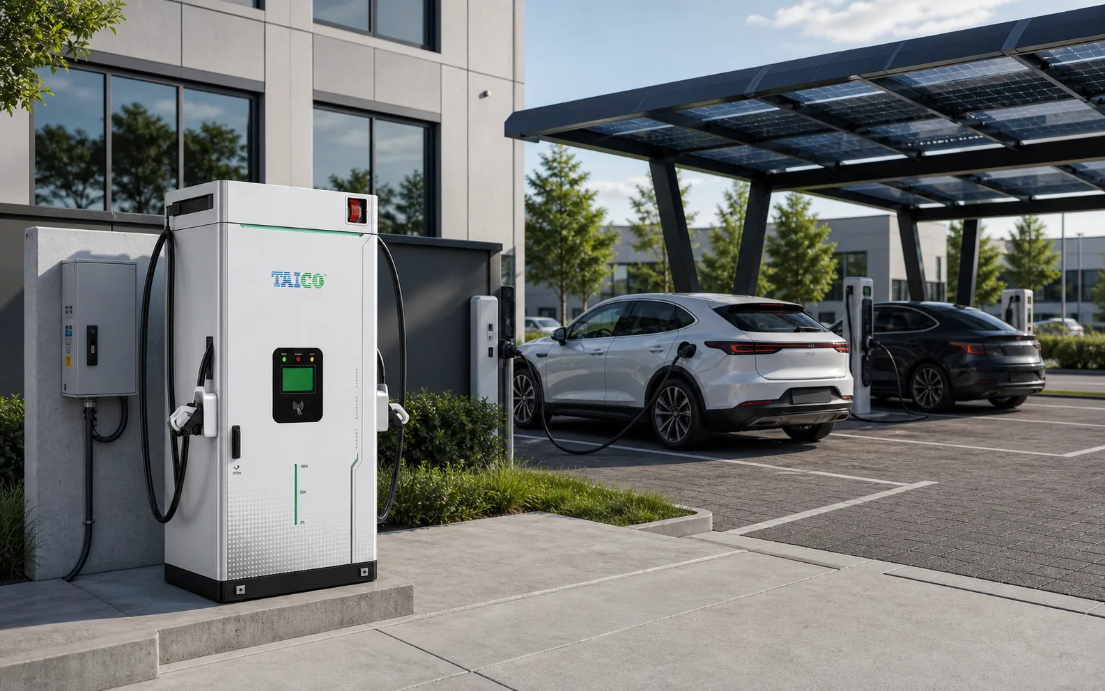 TAICO stationary energy storage charging cabinet at a solar-canopy EV charging site