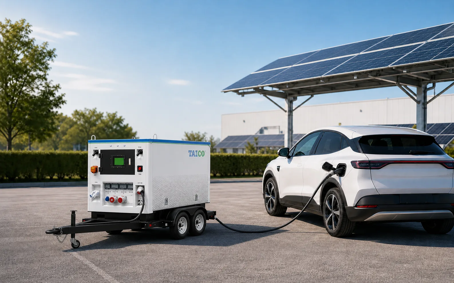 TAICO mobile energy storage system charging an EV beside a solar canopy