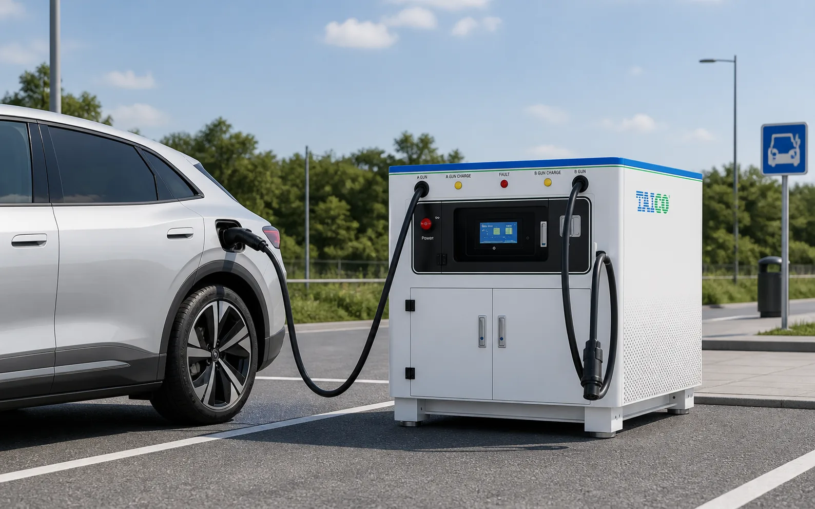 TAICO mobile energy storage charging system connected to an electric vehicle at a roadside service area
